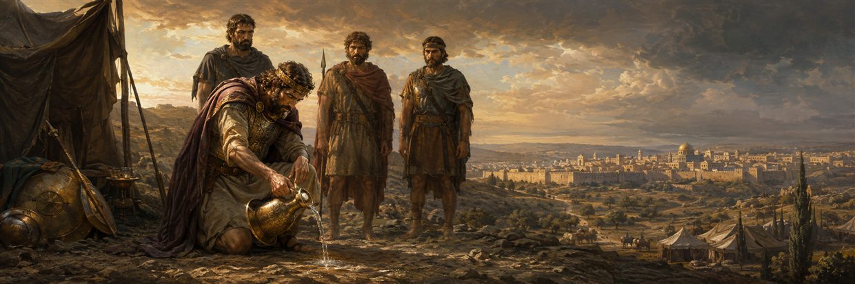 David pours out hard-won water rather than drink as warriors watch and distant Jerusalem foreshadows coming conflict